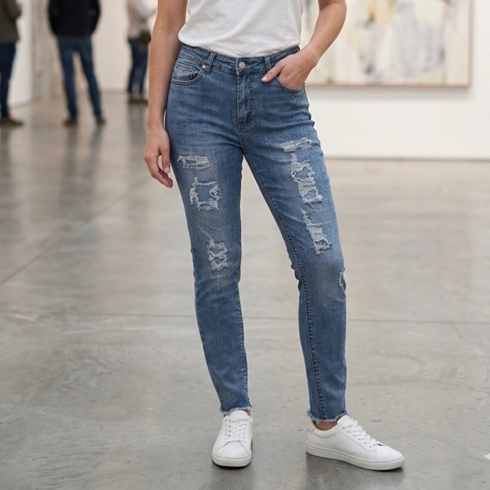 Between Us Womens Distressed Skinny Jeans Blue High Rise Frayed Hem Medium Wash